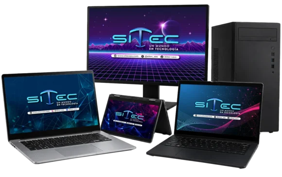 Bodegón de computadores corporativos con fondo de pantalla de SITEC SAS
